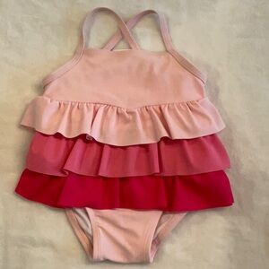 Baby Girl Pink Layered Ruffle Swimsuit Crisscross Back 6–12M